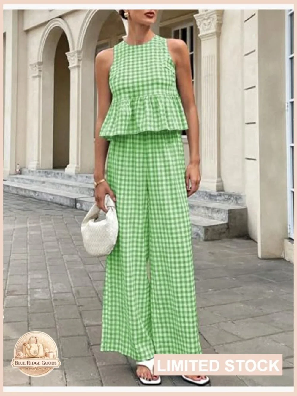 Gingham Plaid Sleeveless Ruffle Tank and Wide Leg Pants Set Summer Matching